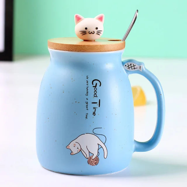 Cat Ceramic Mug with Bamboo Lid, Spoon and Cat Knob