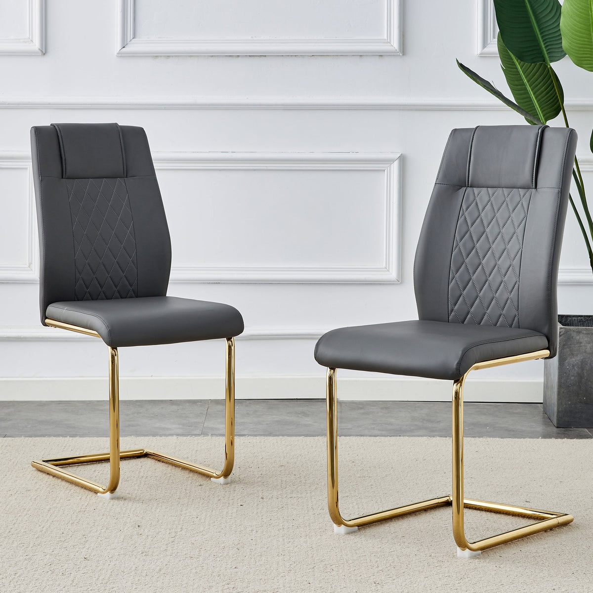 Gray Faux Leather Dining Chair with Gold Metal Legs