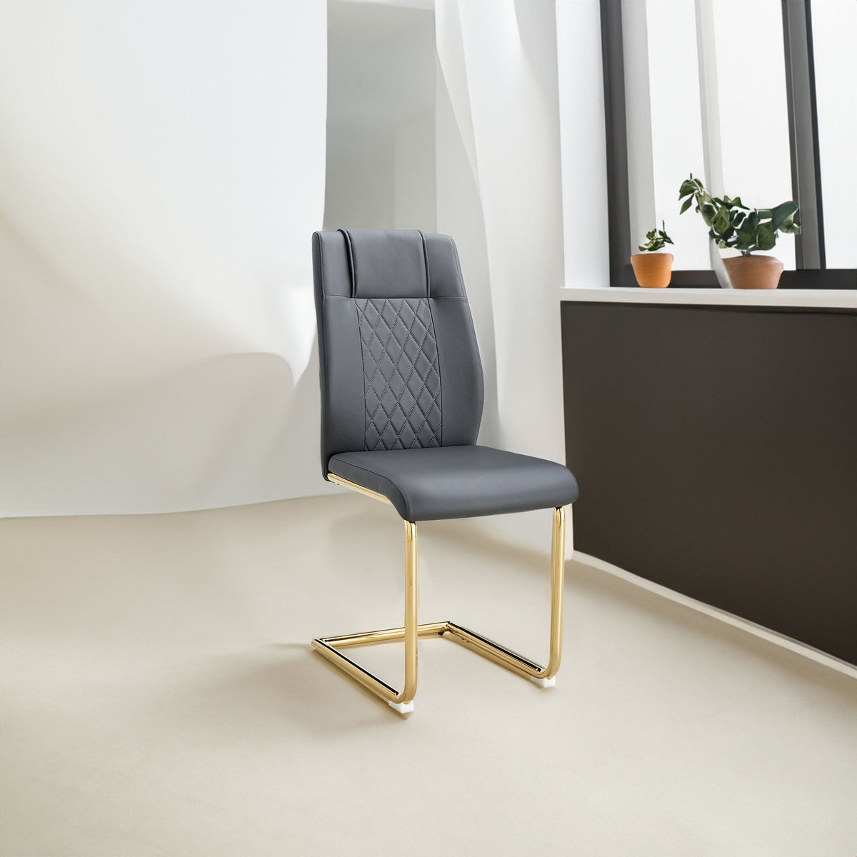 Gray Faux Leather Dining Chair with Gold Metal Legs