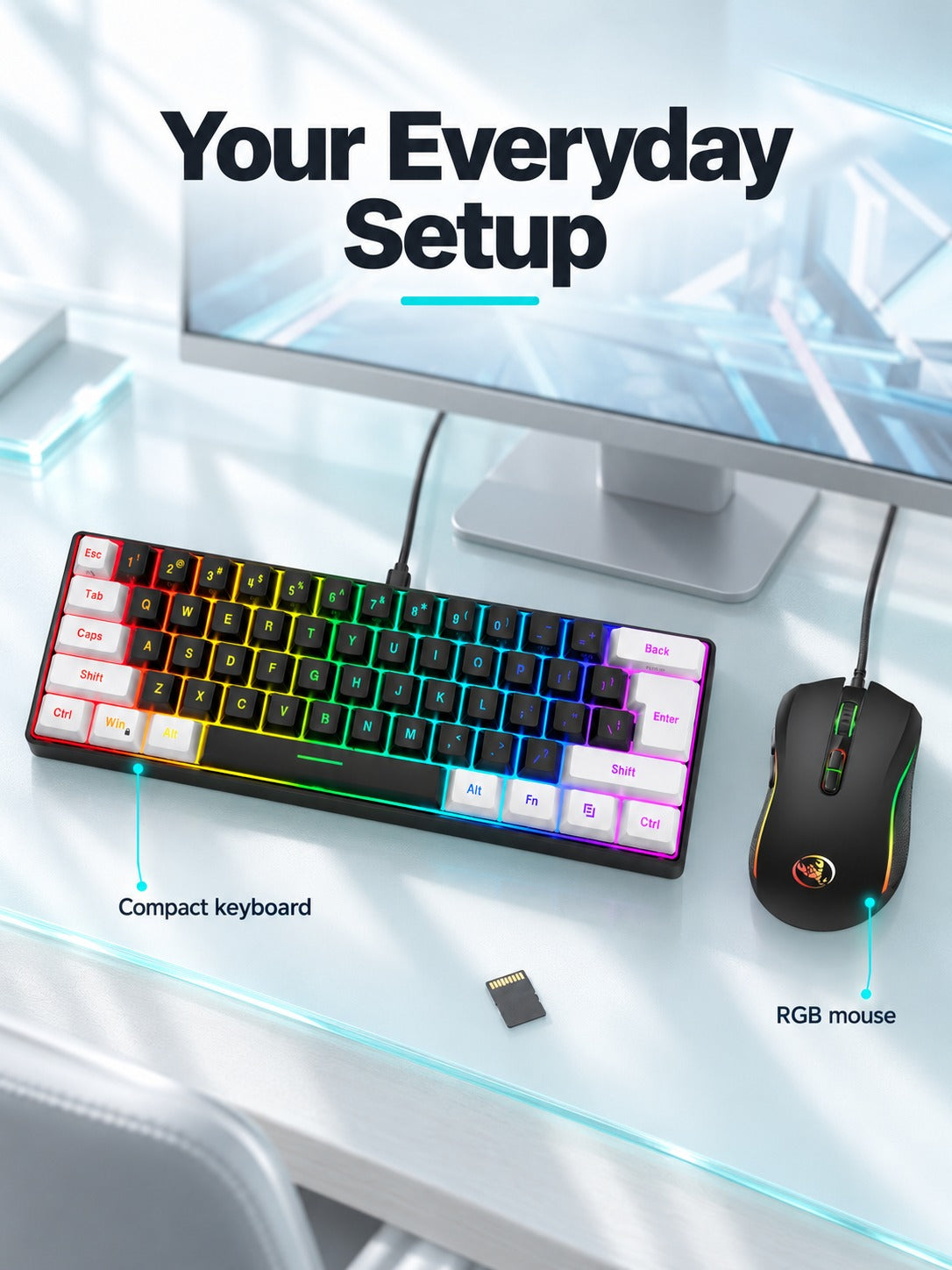 Compact RGB Gaming Keyboard and Mouse Combo, 61 Keys
