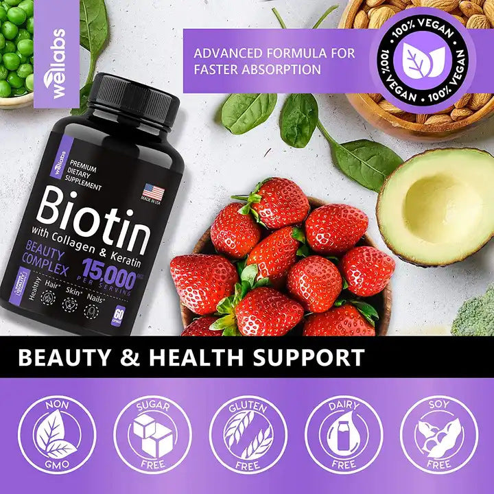 Biotin Capsules 15,000 mcg for Hair, Skin and Nails