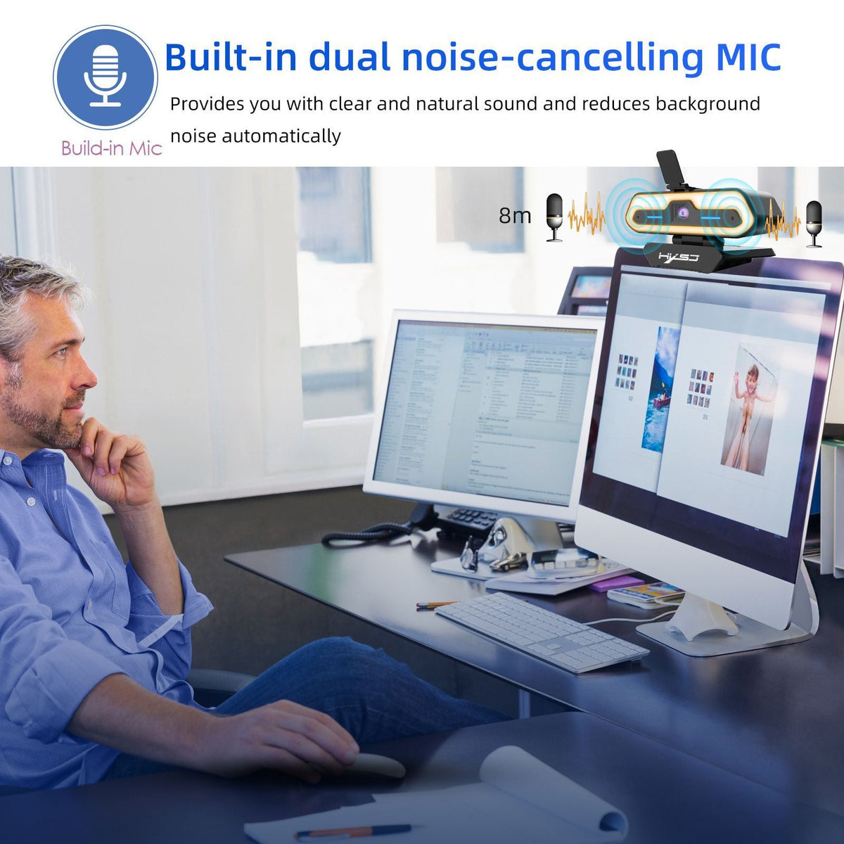 Webcam with Ring Light & Dual Noise-Cancelling Mic