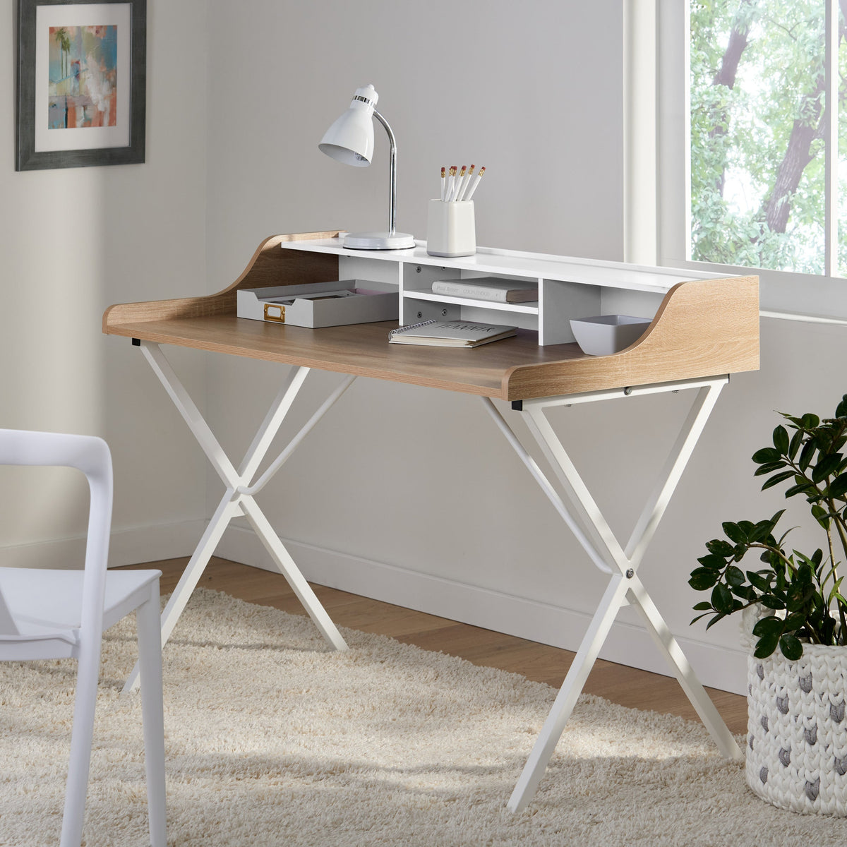 Oak Computer Desk with Shelf Hutch and Metal X-Frame Legs