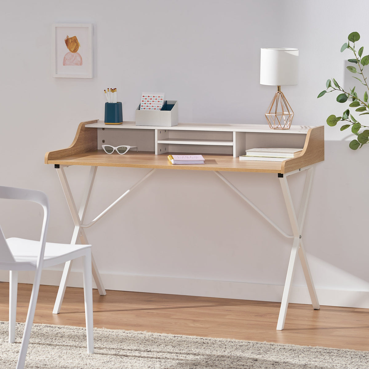 Oak Computer Desk with Shelf Hutch and Metal X-Frame Legs