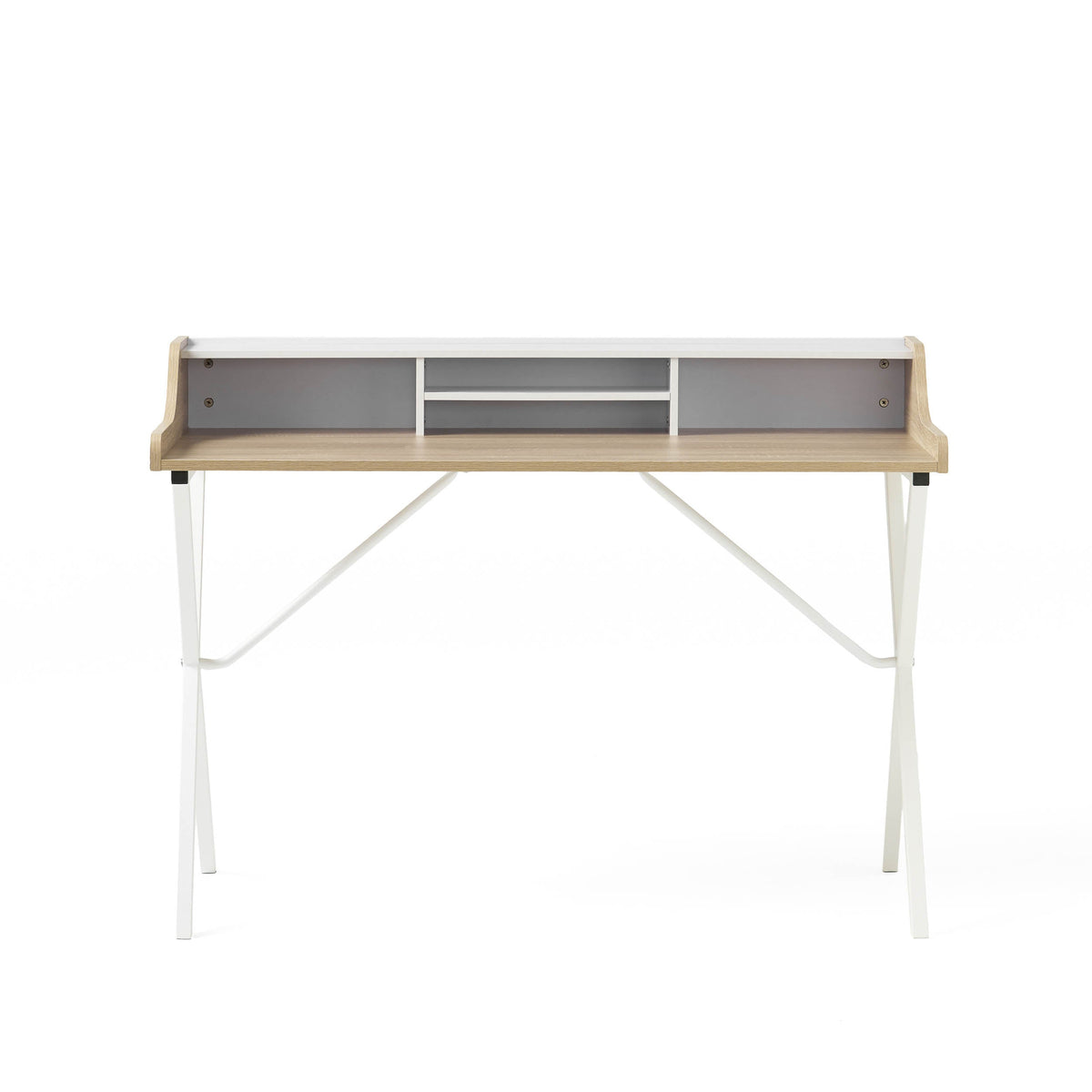 Oak Computer Desk with Shelf Hutch and Metal X-Frame Legs