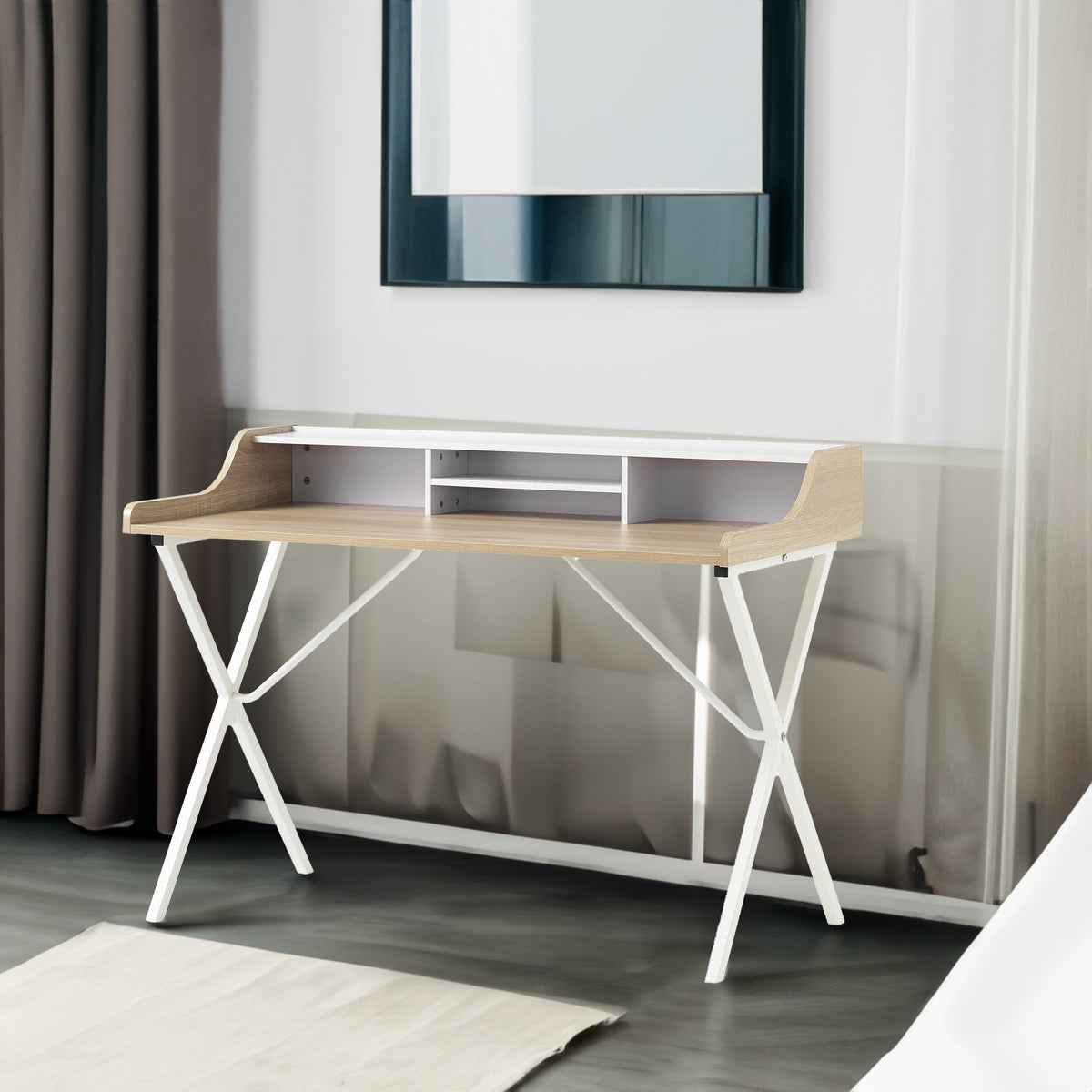Oak Computer Desk with Shelf Hutch and Metal X-Frame Legs