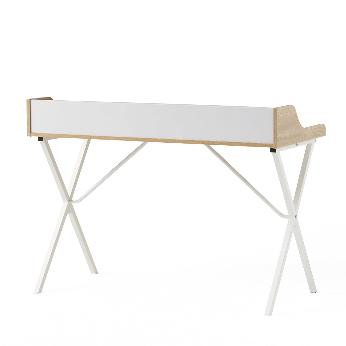 Oak Computer Desk with Shelf Hutch and Metal X-Frame Legs