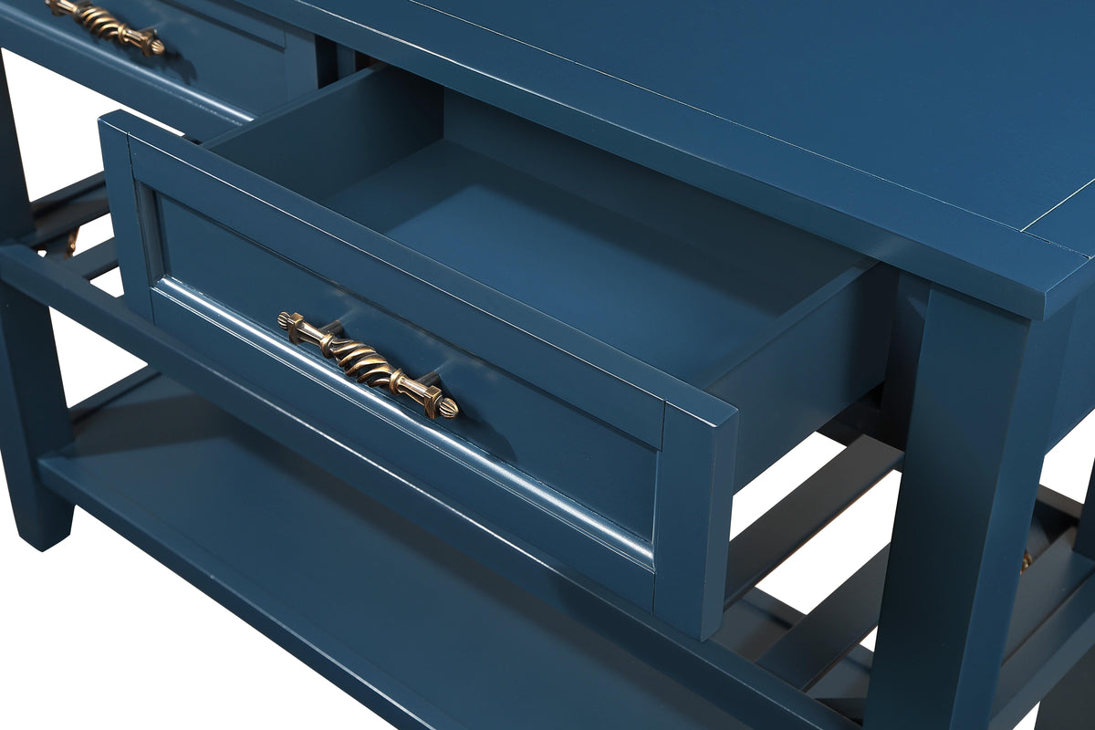 Navy Mid-Century Console Table with Drawers and Shelves