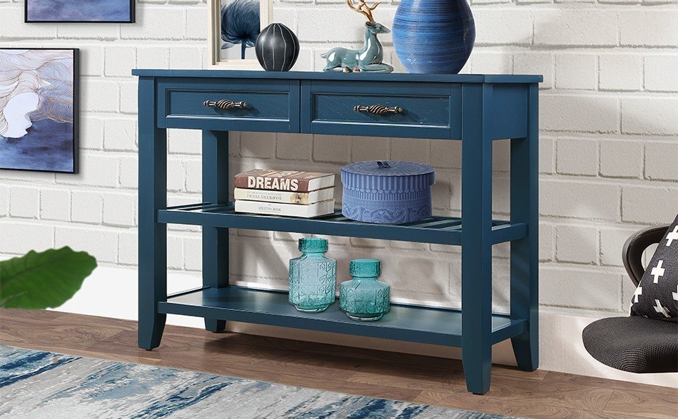 Navy Mid-Century Console Table with Drawers and Shelves