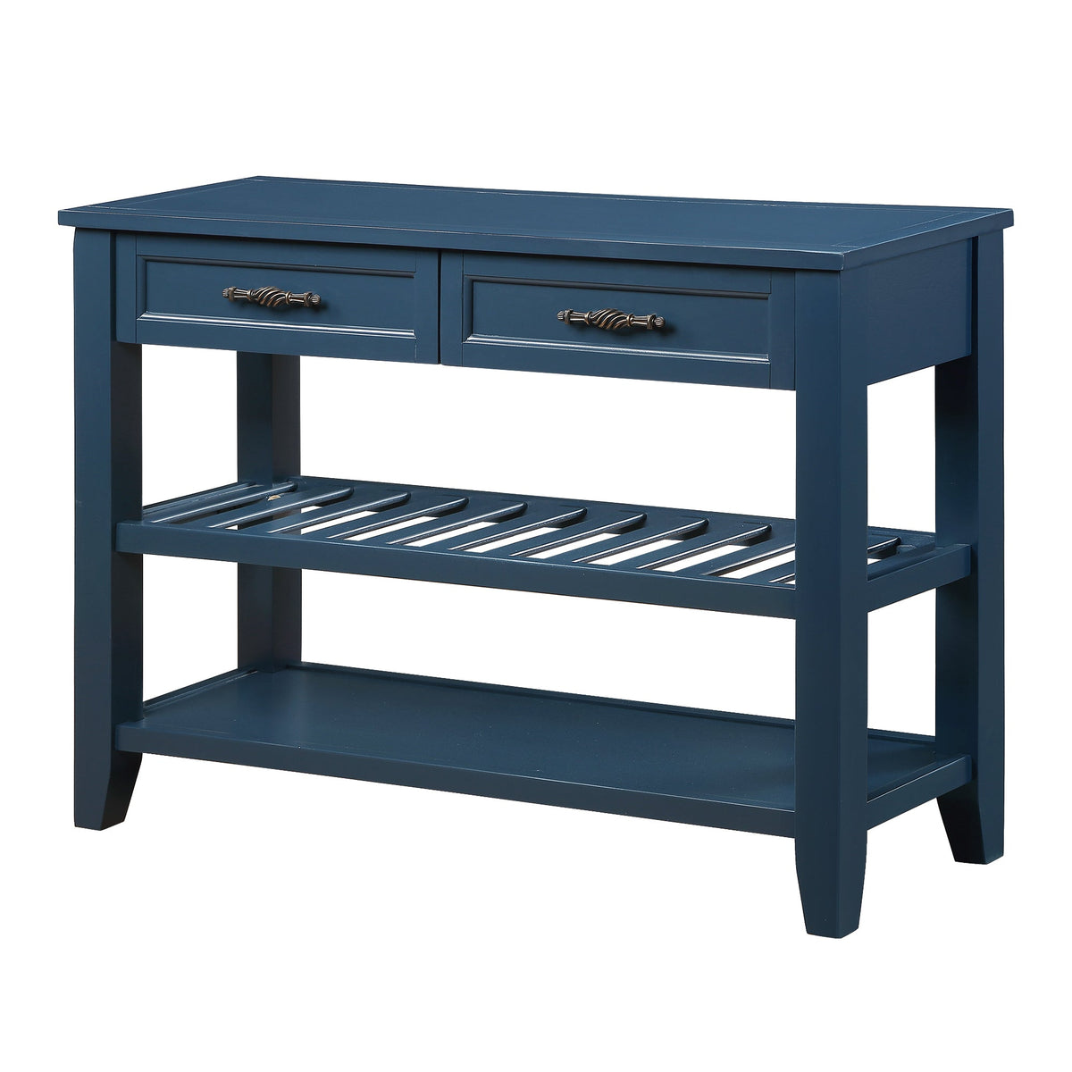 Navy Mid-Century Console Table with Drawers and Shelves