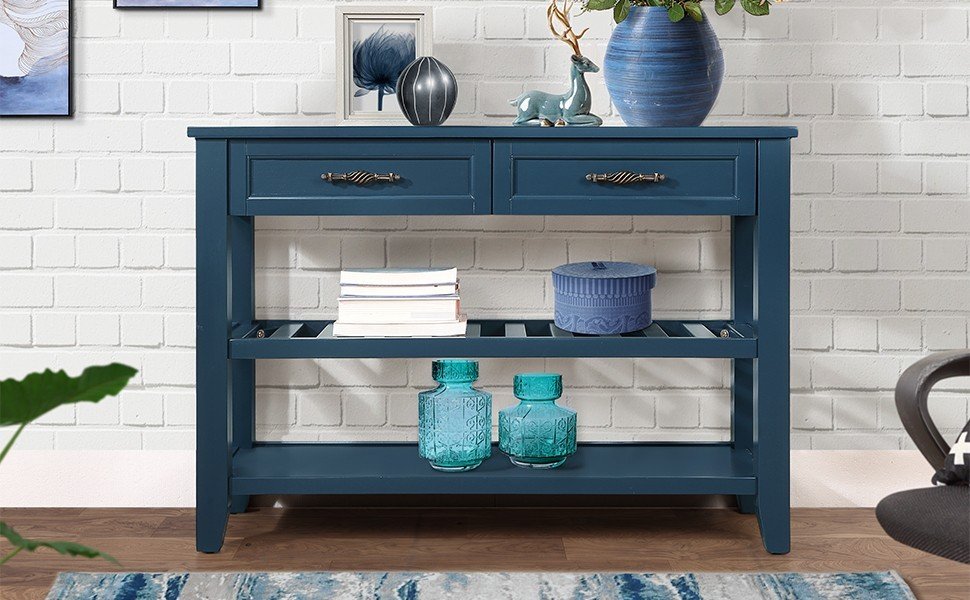Navy Mid-Century Console Table with Drawers and Shelves