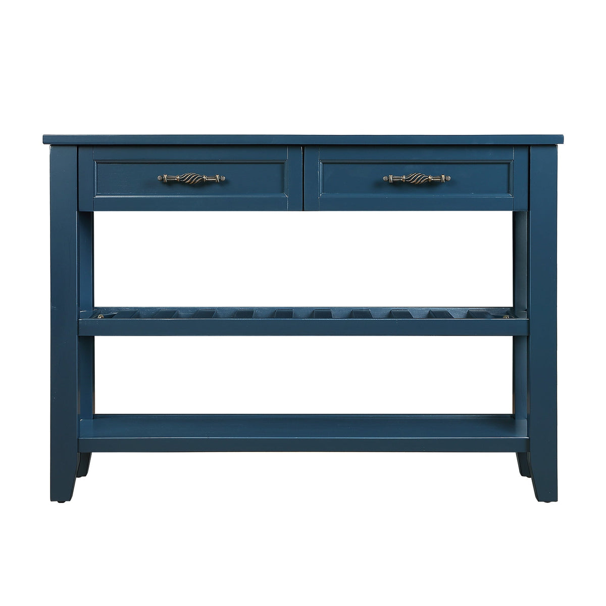 Navy Mid-Century Console Table with Drawers and Shelves