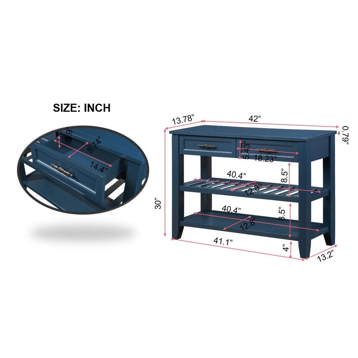 Navy Mid-Century Console Table with Drawers and Shelves