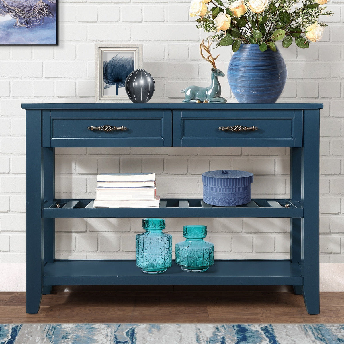 Navy Mid-Century Console Table with Drawers and Shelves
