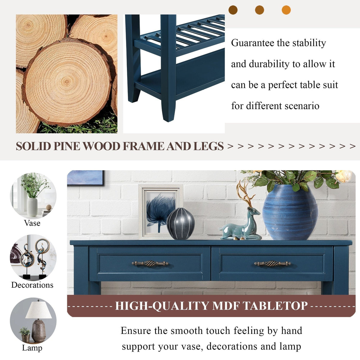 Navy Mid-Century Console Table with Drawers and Shelves