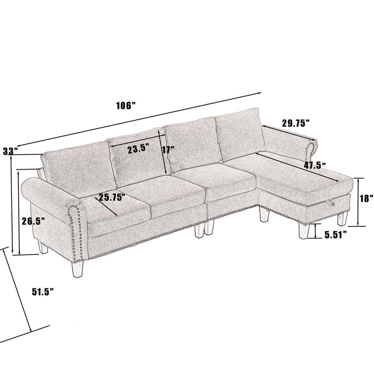 Gray L-Shaped Sectional Sofa with Hidden Storage Chaise