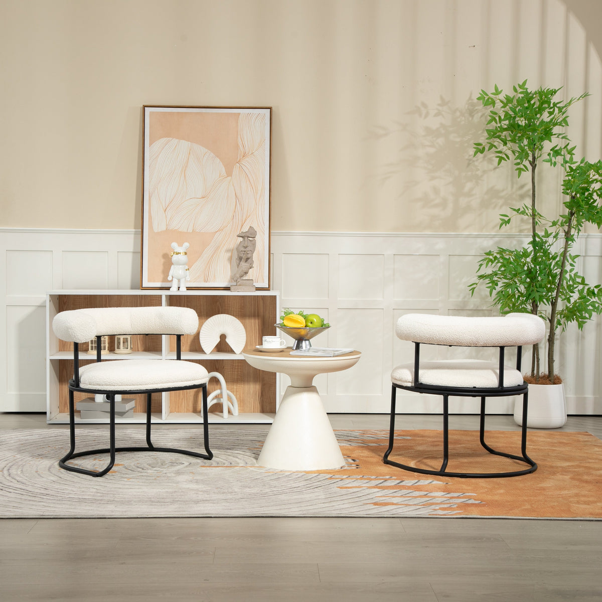 Boucle Dining Chairs Set of 2, Sculptural Curved Backrest