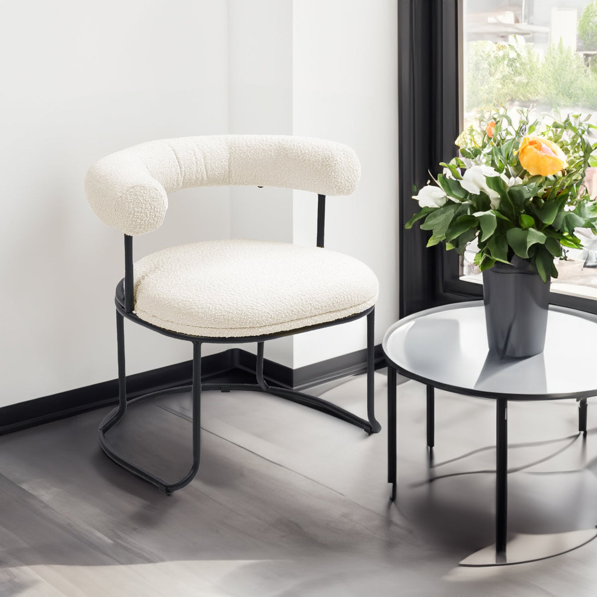 Boucle Dining Chairs Set of 2, Sculptural Curved Backrest