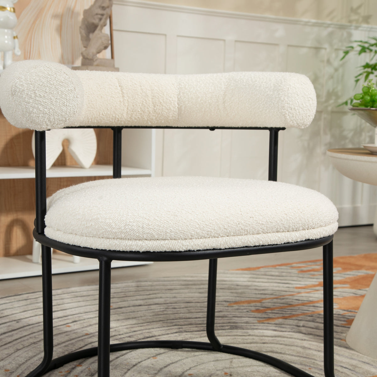 Boucle Dining Chairs Set of 2, Sculptural Curved Backrest
