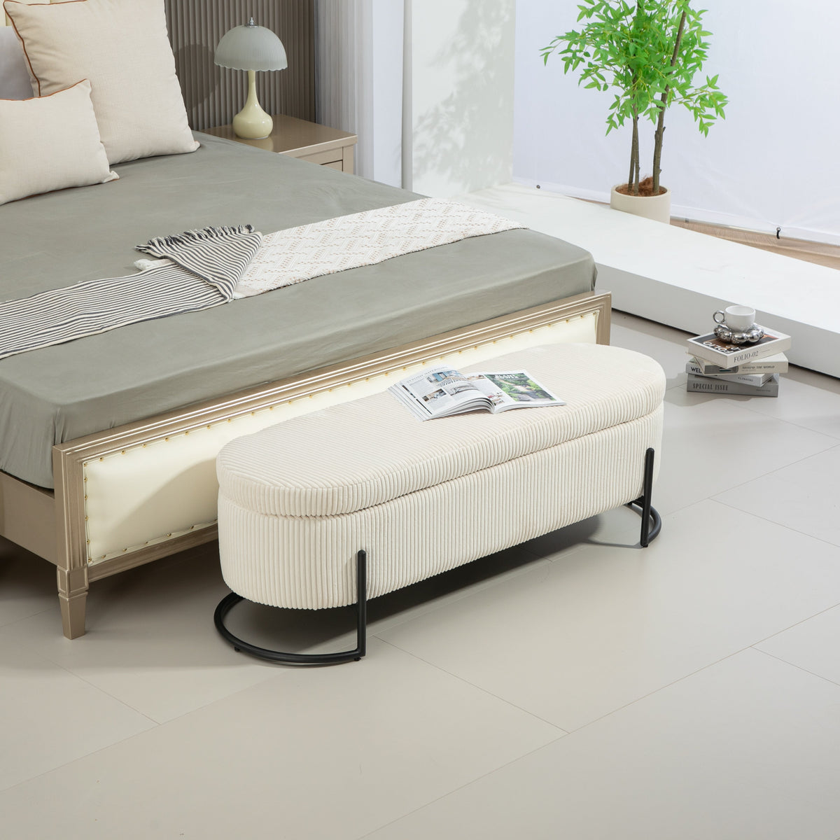 Beige Corduroy Storage Ottoman with Gas-Strut Lift Lid