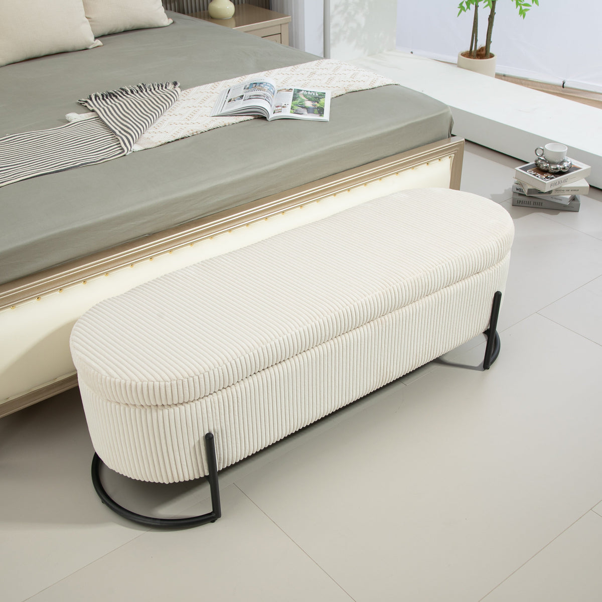 Beige Corduroy Storage Ottoman with Gas-Strut Lift Lid