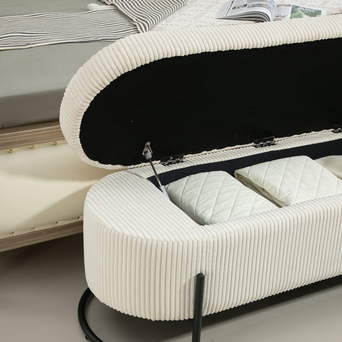Beige Corduroy Storage Ottoman with Gas-Strut Lift Lid