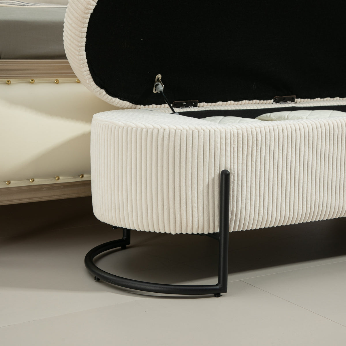 Beige Corduroy Storage Ottoman with Gas-Strut Lift Lid