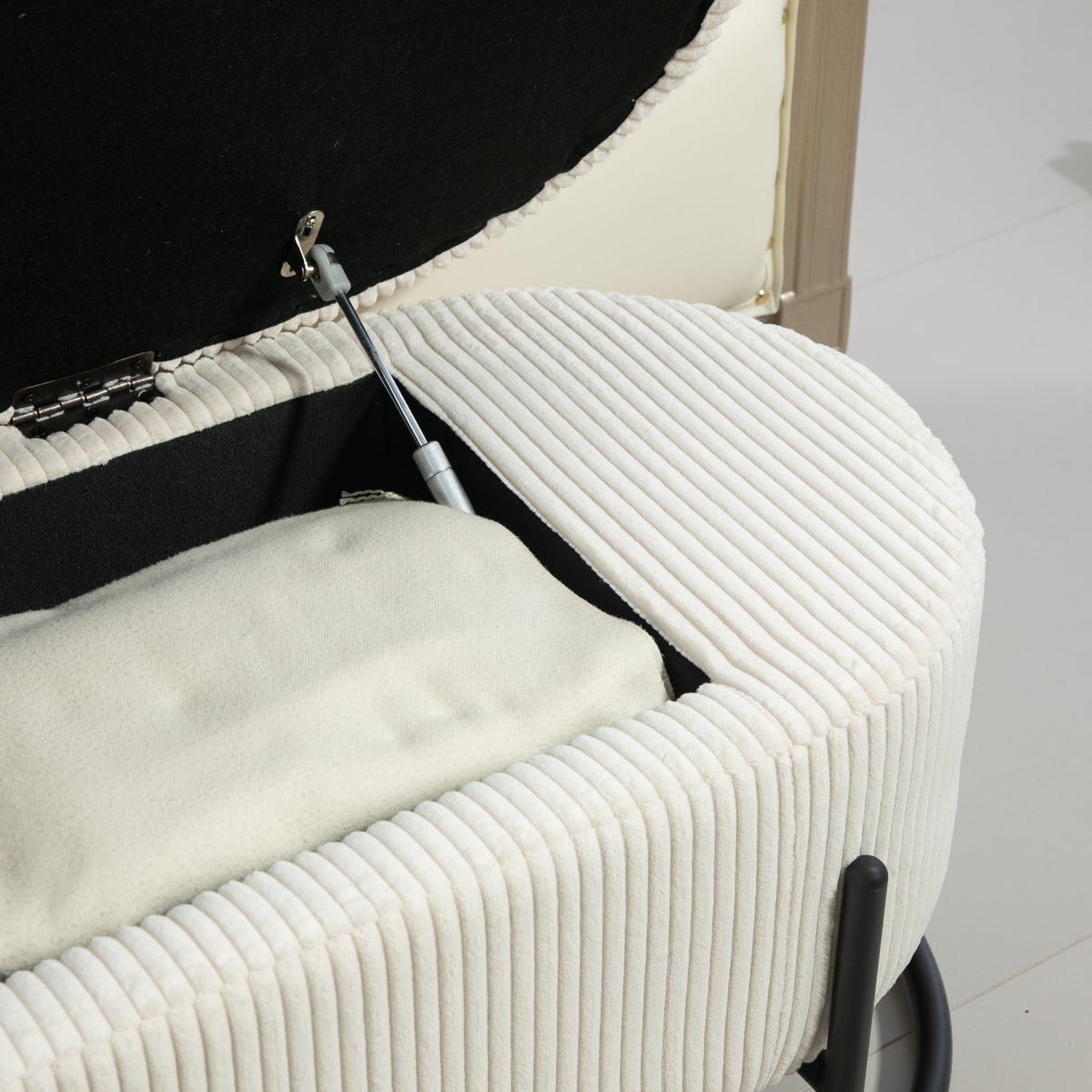 Beige Corduroy Storage Ottoman with Gas-Strut Lift Lid