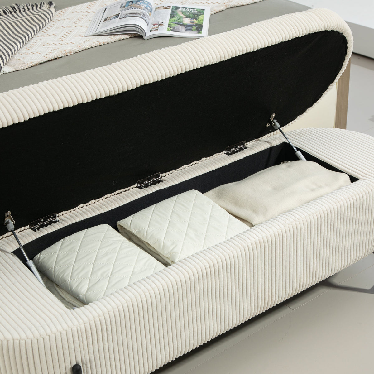 Beige Corduroy Storage Ottoman with Gas-Strut Lift Lid