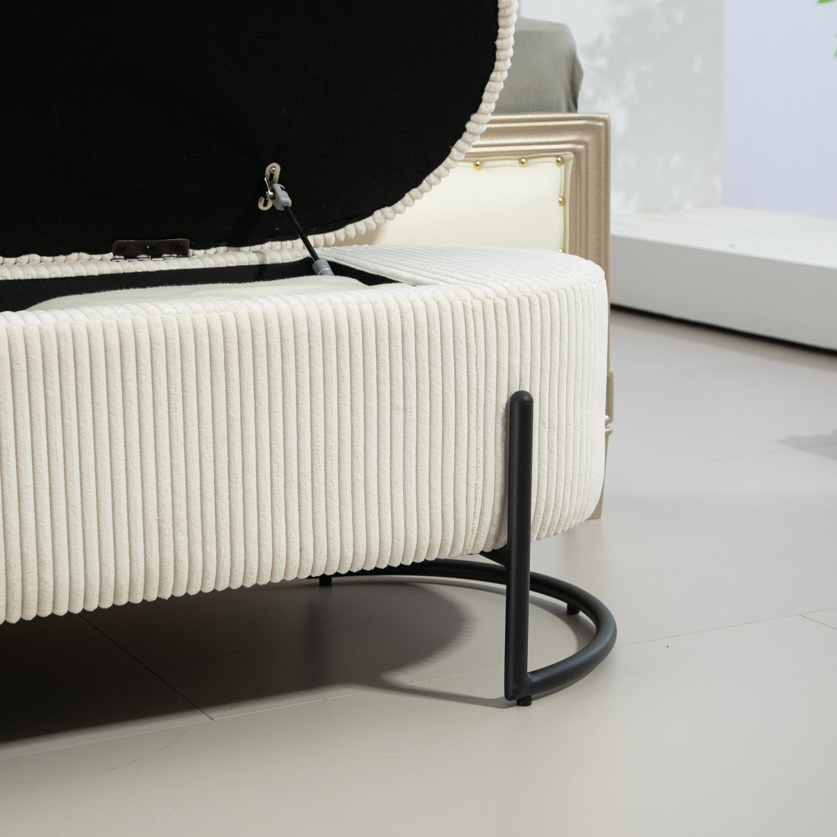 Beige Corduroy Storage Ottoman with Gas-Strut Lift Lid