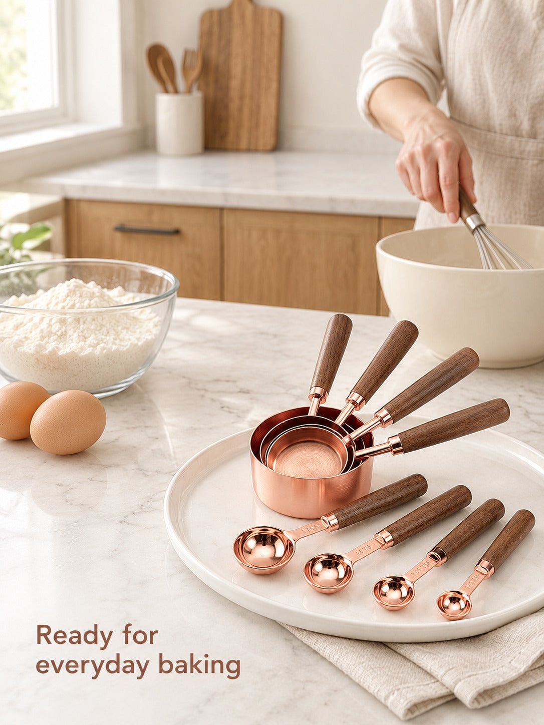 Copper Measuring Cups and Spoons with Walnut Handles