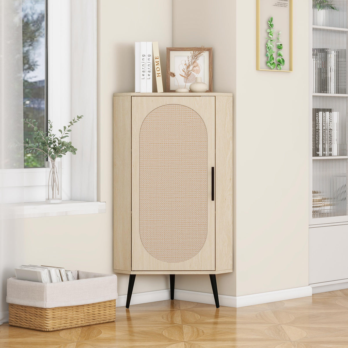 Corner Cabinet with Rattan-Style Door for Small Spaces