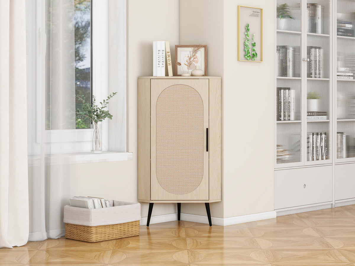 Corner Cabinet with Rattan-Style Door for Small Spaces