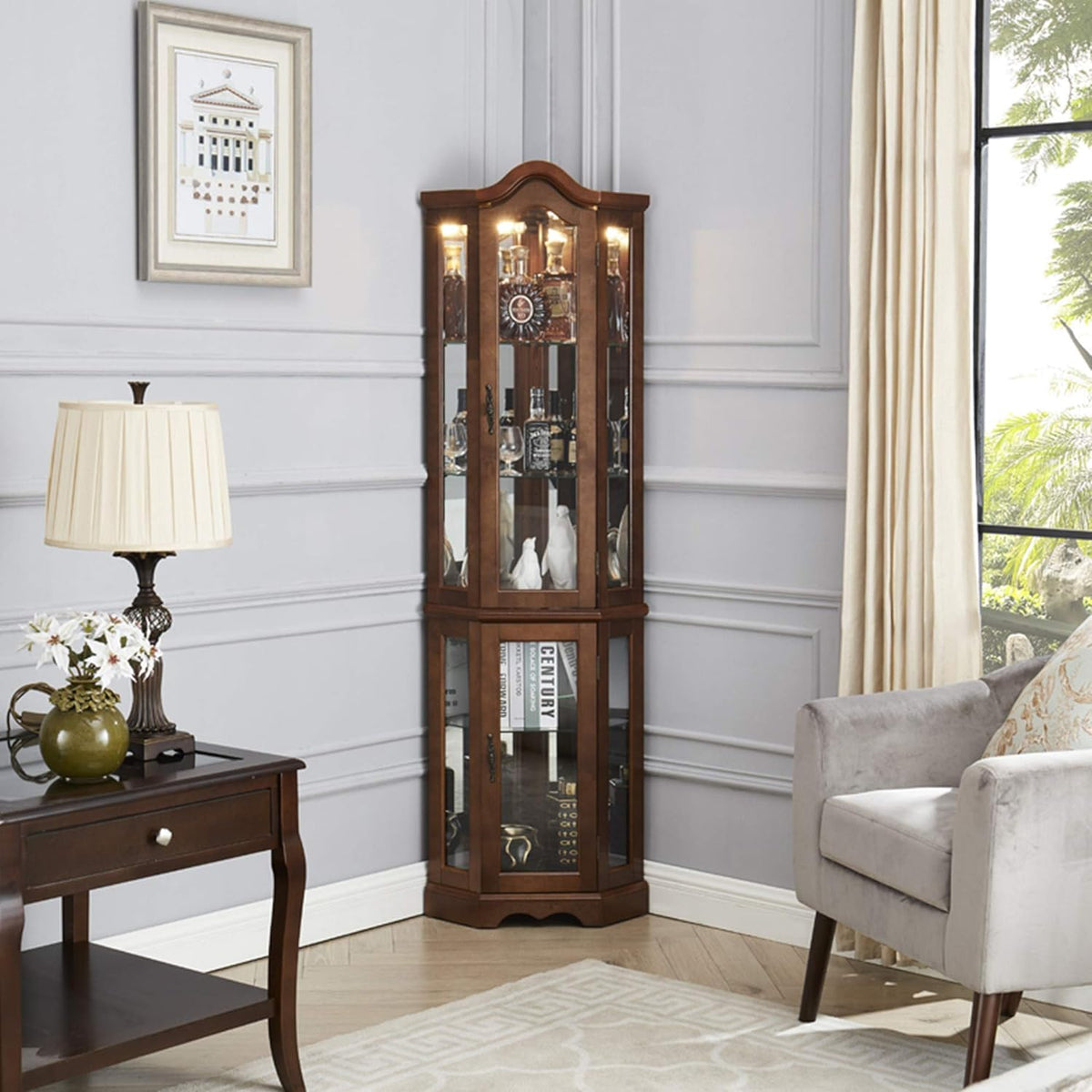 Corner Curio Cabinet with Mirrored Back & Glass Shelves