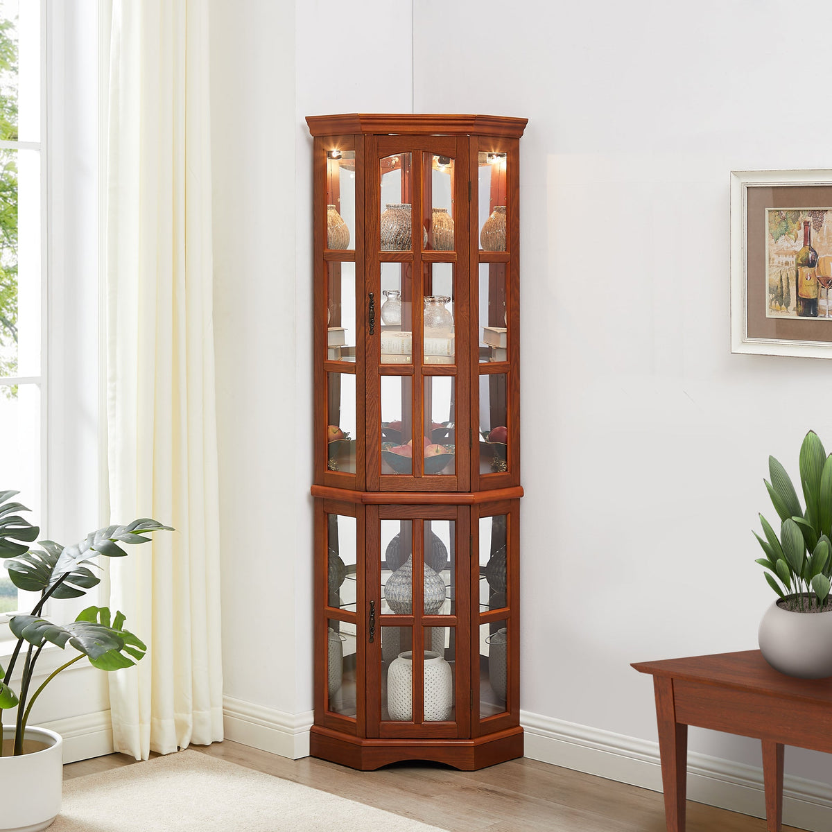 Corner Curio Cabinet with LED Lighting and 5 Shelves