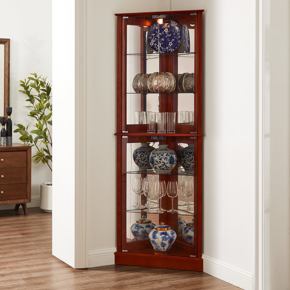 Lighted Corner Curio Cabinet, Cherry, Mirrored Back
