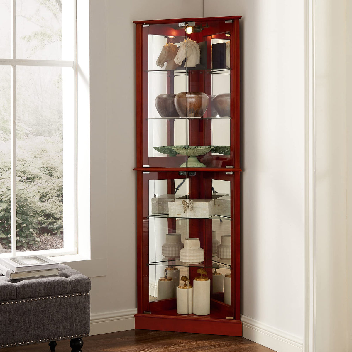 Lighted Corner Curio Cabinet, Cherry, Mirrored Back