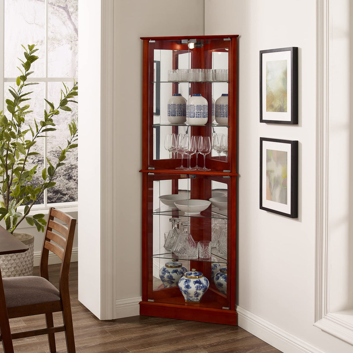 Lighted Corner Curio Cabinet, Cherry, Mirrored Back