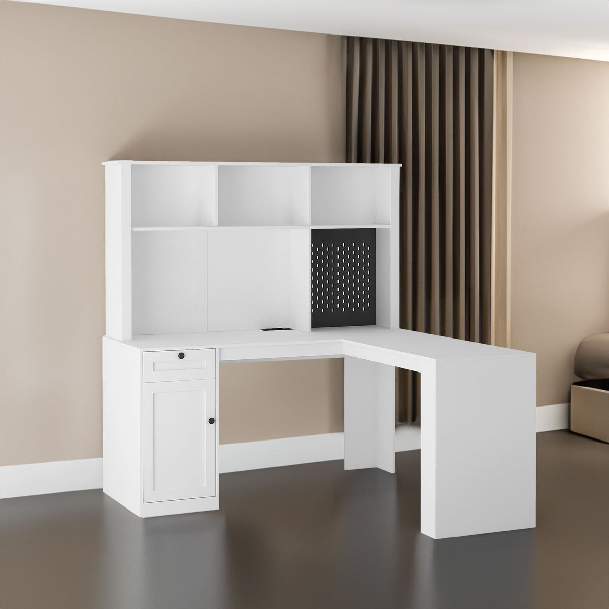 Corner Gaming Desk with Hutch, Drawers and Built-in Outlet