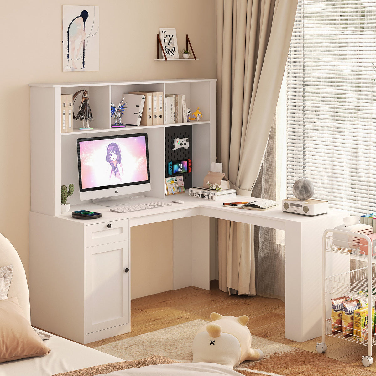 Corner Gaming Desk with Hutch, Drawers and Built-in Outlet