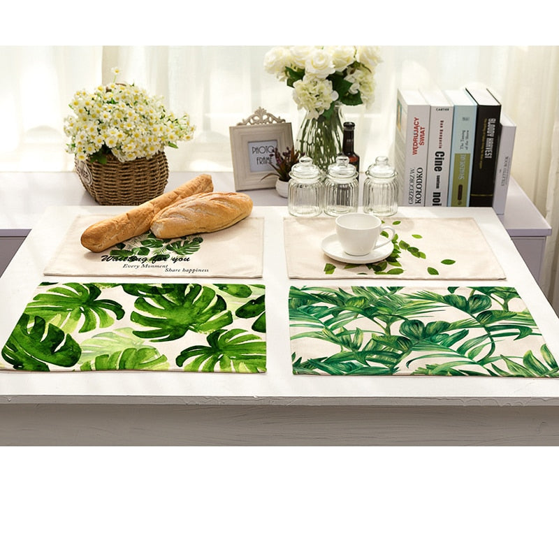 Cotton Linen Tropical Leaf Placemats for Dining Table
