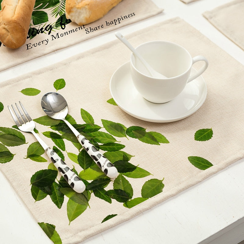 Cotton Linen Tropical Leaf Placemats for Dining Table