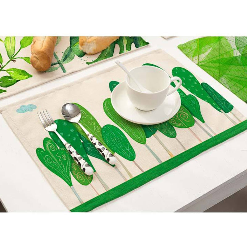 Cotton Linen Tropical Leaf Placemats for Dining Table