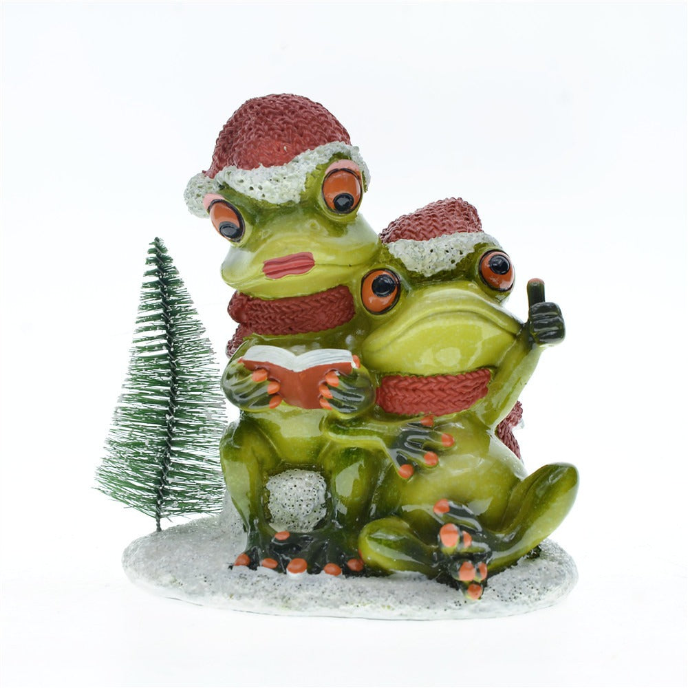 Couple Frog Resin Christmas Figurine Set with Tree & Base