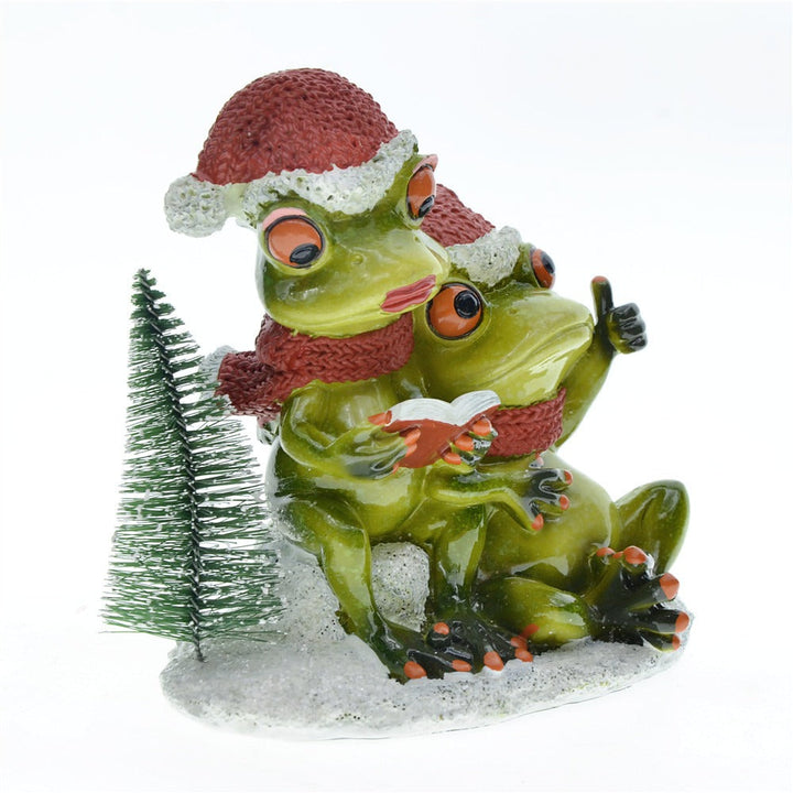 Couple Frog Resin Christmas Figurine Set with Tree & Base