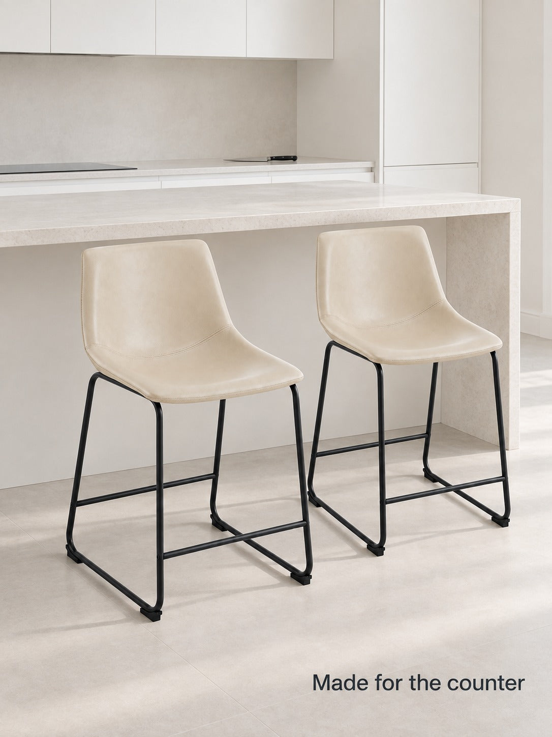 Cream Faux Leather Counter Stools Set of 2 with Metal Base