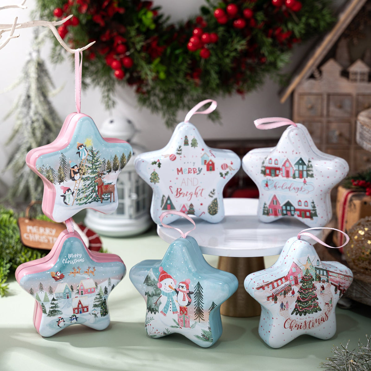 Christmas Star Candy Box Tin with Hanging Ornament