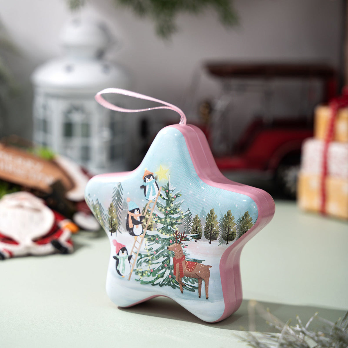 Christmas Star Candy Box Tin with Hanging Ornament