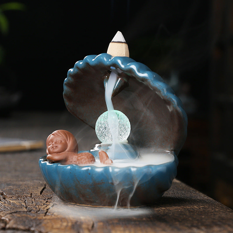 Backflow Incense Burner With LED Mermaid Shell Decor