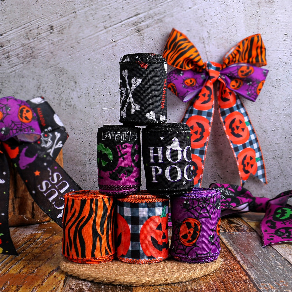 Halloween Ribbon: 5m Woven Checkered Pumpkin Decor